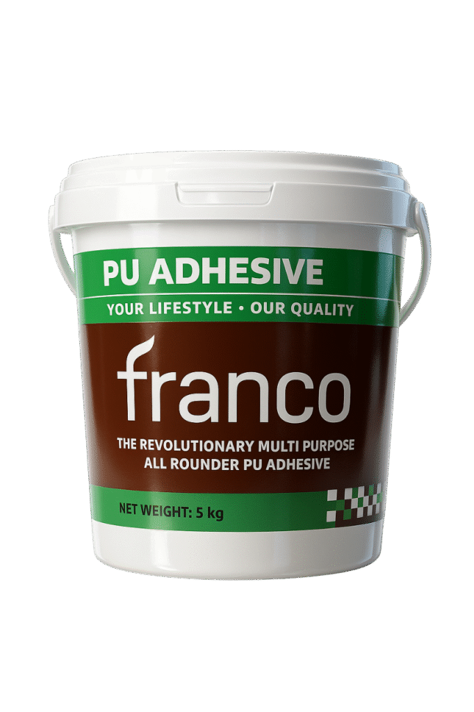 Franco product display image – showcasing tile adhesives, wall putty, grouts, admixtures and cleaning solutions
