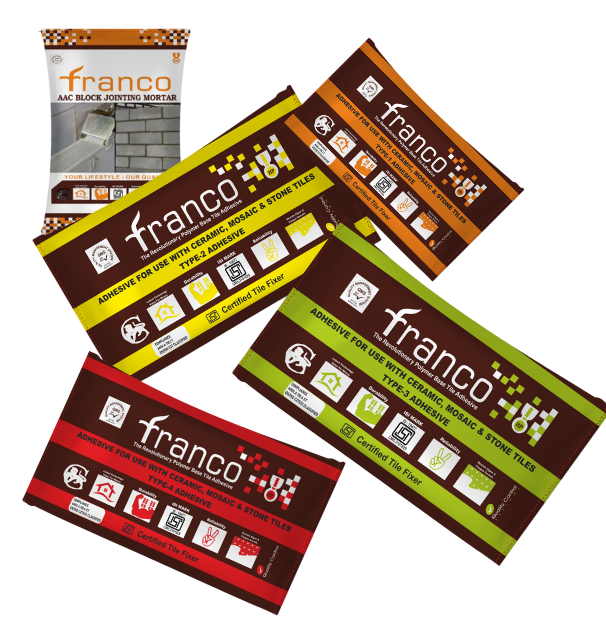 Franco range of building materials – tile adhesives, grout admixture, wall putty, sealants, and cleaners visual layout